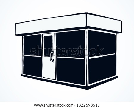 Local show booth box stand exterior on white space for text. Black line hand draw empty town glass rack cabin symbol. Small urban street bank salon center hut in art modern doodle book cartoon style