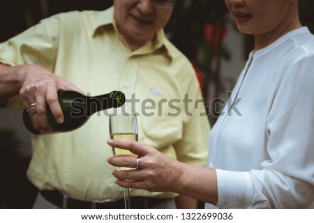 Happy senior couple pouring champagne into glass in the party at home garden