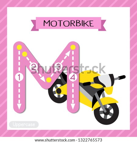 Letter M uppercase cute children colorful transportations ABC alphabet tracing flashcard of Motorbike for kids learning English vocabulary and handwriting Vector Illustration.