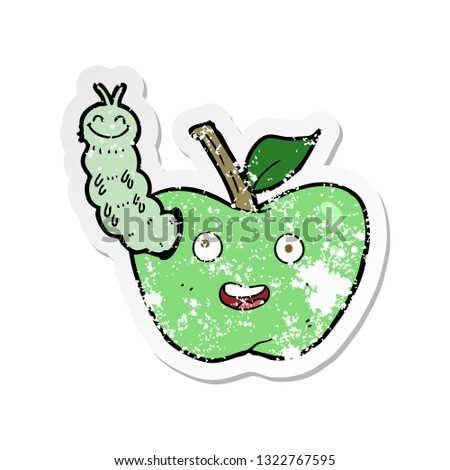 retro distressed sticker of a cartoon apple with bug