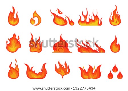 Red and orange fire flame set. Collection of hot flaming element. Idea of energy and power. Isolated vector cartoon illustration