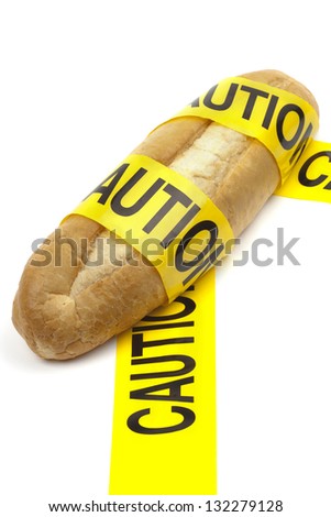 Dietary warning or gluten/wheat allergy warning (Loaf of bread wrapped in yellow caution tape)