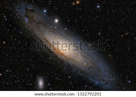 Andromeda Galaxy (M31) and its satellite galaxies (M32 and M110) in Andromeda constellation