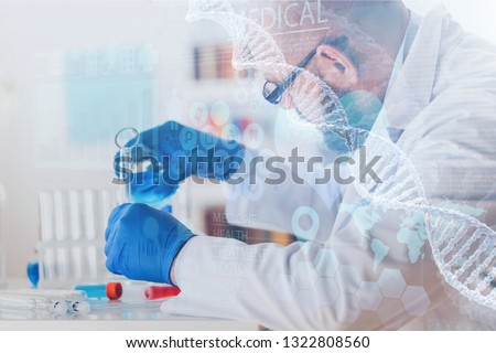 Man researcher carrying out scientific research lab pharma biomedic chemical genetic biotechnology Royalty-Free Stock Photo #1322808560