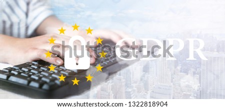 GDPR. Data Protection Regulation with Cyber security and privacy virtual diagram.Business team meeting. Photo professional investor working new computer with e mail interface.