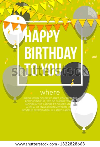 Happy birthday vector illustration. Colorful flat design style banner. Confetti, flags and balloons. Bright vector anniversary celebration banner. Greeting card for the birthday man.