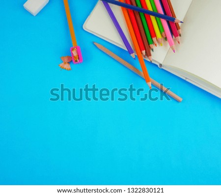 Flat lay,top view stationery for creative and students on blue background with copy space 
art,education concept