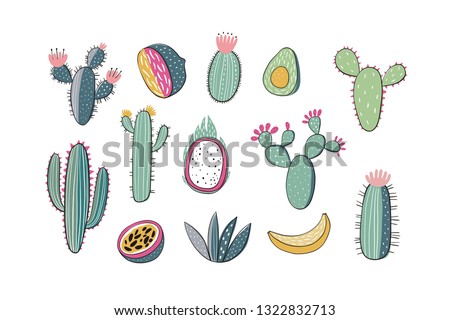 Hand drawn cactus print. Summer print with cactus and fruit - lemon, passion fruit, banana, dragon fruit