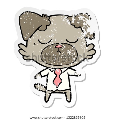 distressed sticker of a cute cartoon dog wearing office shirt