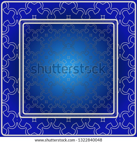 Background, Geometric Pattern With Ornate Lace Frame. Illustration. For Scarf Print, Fabric, Covers, Scrapbooking, Bandana, Pareo, Shawl. Blue silver color.