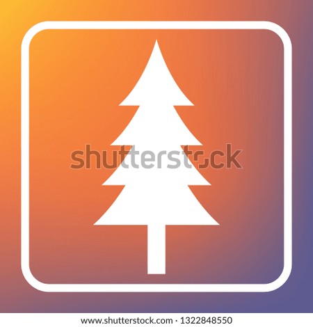 New year tree sign. Vector. White icon on transparent button at orange-violet gradient background.