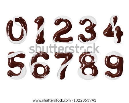 Numbers made of melted chocolate with milk splashes, isolated on white background