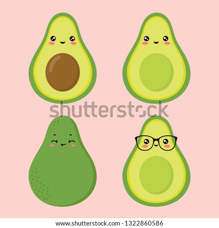 Set of kawaii cute avocados characters  in glasses, with and without seed.  It can be used for sticker, patch, phone case, poster, t-shirt, mug and other design.