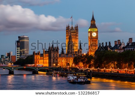 Big Ben and Westminster Bridge in the Evening, London, United Kingdom Royalty-Free Stock Photo #132286817