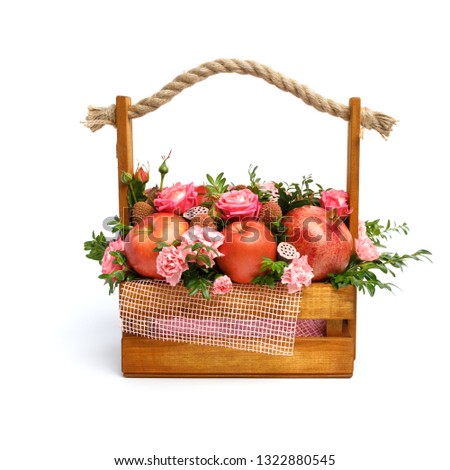 Unique gift wooden box with flowers and fruits isolated on white background. Front view