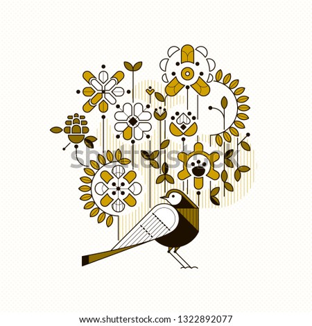 Spring and summer nature poster with geometrical flowers and birds. Floral flat design concept for poster, web, banner, card, postcard, event icon logo or badge. Vector illustration
