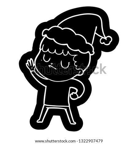 quirky cartoon icon of a grumpy boy wearing santa hat