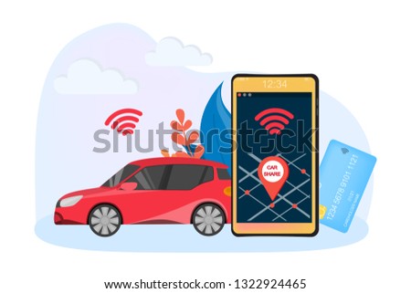 Car sharing service concept. Idea of vehicle share and transportation. Mobile application for automobile renting. Flat vector illustration