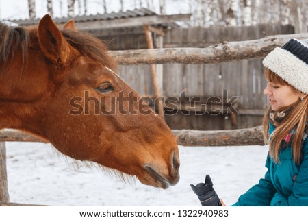 A girl wants to take a picture of a horse. She directs the lens toward the horse