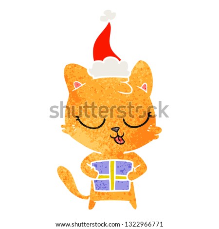 cute hand drawn retro cartoon of a cat wearing santa hat