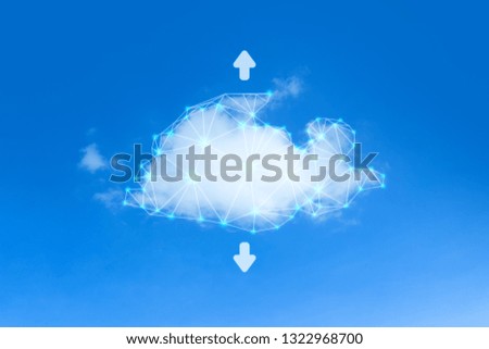 Cloud network technology concept with polygonal graphic on blue sky background