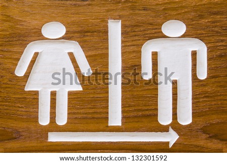woman and man restroom sign on wooden