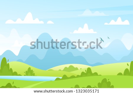 Vector illustration of spring summer fields landscape with trees, brush, mountains, walkway, blue sky, hills and lake. Beautiful green park background for banner, poster. Cartoon park in flat style.