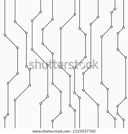 Abstract vector seamless pattern with lines. Small filled circles in nodes. Background in high tech style. Connections. Technology. Joint lines. Monochrome colors.