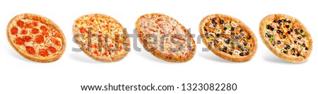 Set of pizzas: pepperone, cheese, chicken and tomatoes, tuna, shrimp. toning. selective focus Royalty-Free Stock Photo #1323082280