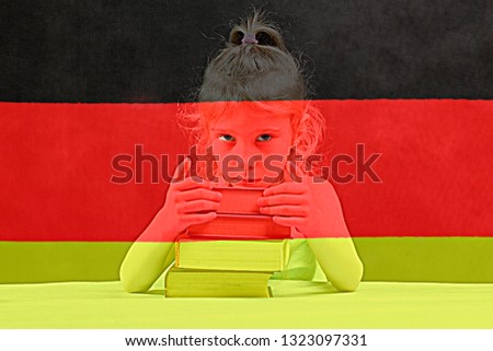 German flag. blonde girl wants to learn German. double exposure
