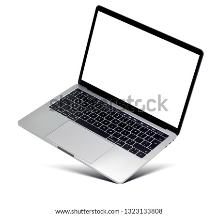 Hovering aluminium laptop with blank screen and new design, isolated on a white background. Royalty-Free Stock Photo #1323133808