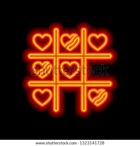 Tic tac toe game, love version with heart, valentine day icon. Orange neon style on black background. Light icon