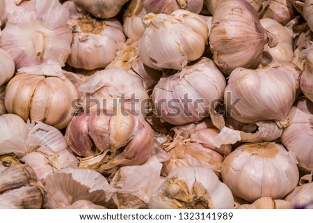 Sale of products in the market. Big young garlic. House products. Spices. Background and texture. Healthy food.