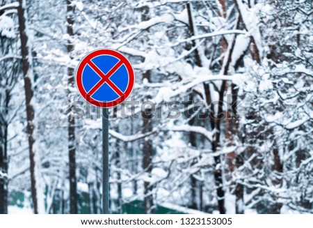 The road sign "The stop is forbidden" in the winter in the forest