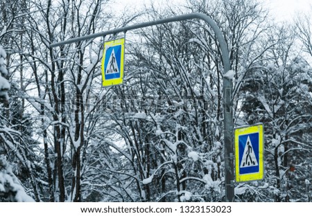 Road signs "Crosswalk" in the forest in the winter