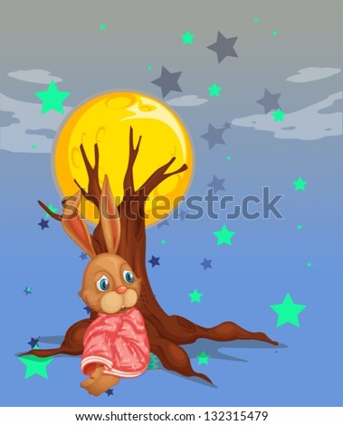Illustration of a bunny resting beside the big tree