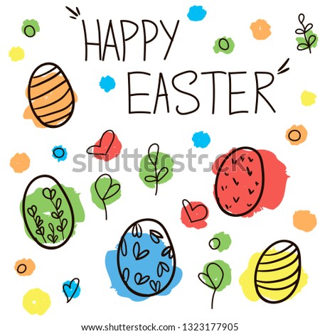 Vector EPS10 happy easter eggs, twigs, spots hand drawing with written lettering
