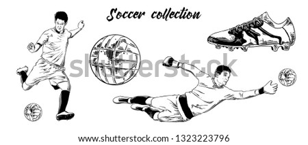 Engraved style illustration for logo, emblem, label or poster. Hand drawn sketch set of soccer football players, shoe and ball isolated on white background. Detailed vintage doodle drawing. 