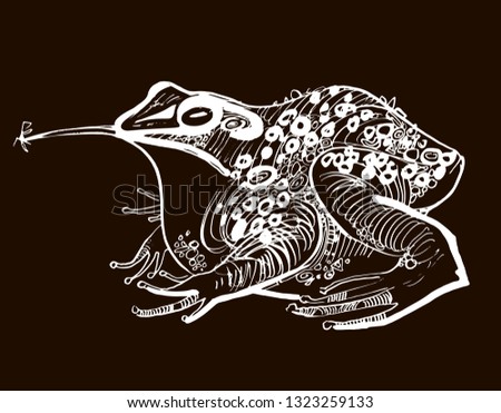 stylized frog, linear illustration dark background, Princess Frog
