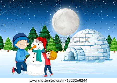 Father and son building snowman illustration