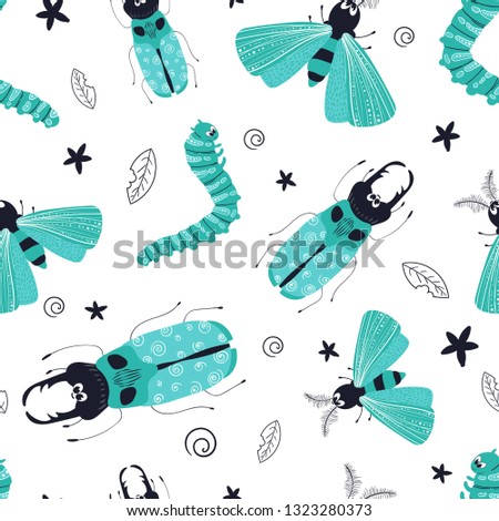 Vector seamless pattern with cute cartoon bug or beetle, flat and doodles, scandinavian style. Ideal for print, textile, fabric