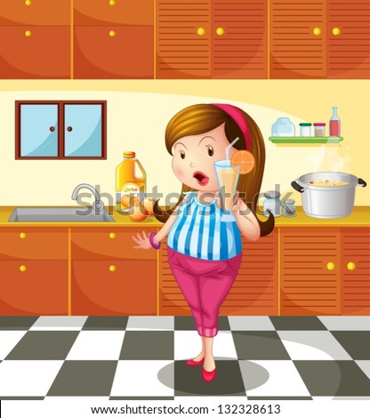 Illustration of a lady holding an orange juice inside the kitchen