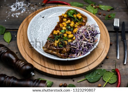 Delicious Pork Ribs on Wooden Table Background, Food Styling Photography for Restaurant menu