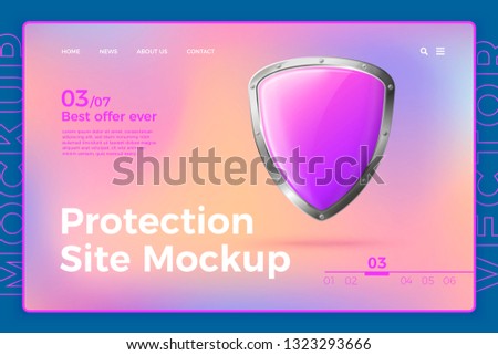 Vector realistic 3d protection site template with shield on bright modern site with typographic background. Mock-up for product package branding.