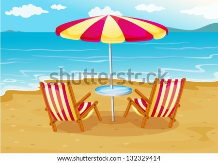 Illustration of a beach umbrella with chairs at the seashore