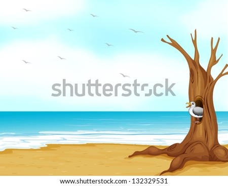 Illustration of a bird inside the tree hollow at the seashore