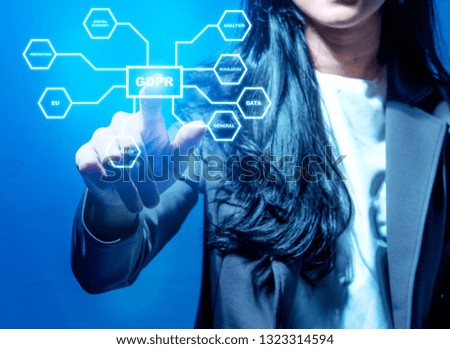 Hand of business woman pointing at GDPR button with protection structure on virtual screen. Cyber security and privacy. General Data Protection Regulation (GDPR) concept