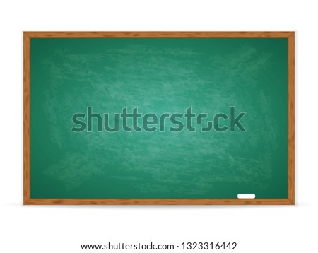 Realistic green chalkboard with wooden frame isolated on white background. Rubbed out dirty chalkboard. Empty school chalkboard for classroom or restaurant menu. Vector template blackboard for design  Royalty-Free Stock Photo #1323316442