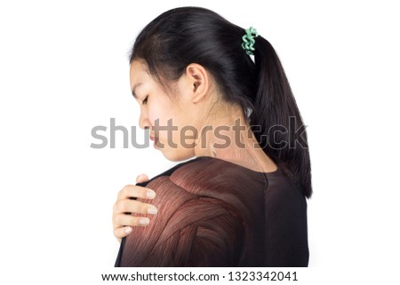 woman feel pain shoulder muscle injury white background