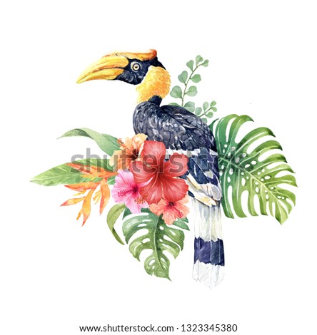 Watercolor tropical Great hornbill in Hibiscus bouquet Elements layer path, di-cut alpha path clipping path isolated on white background for wedding greeting card.